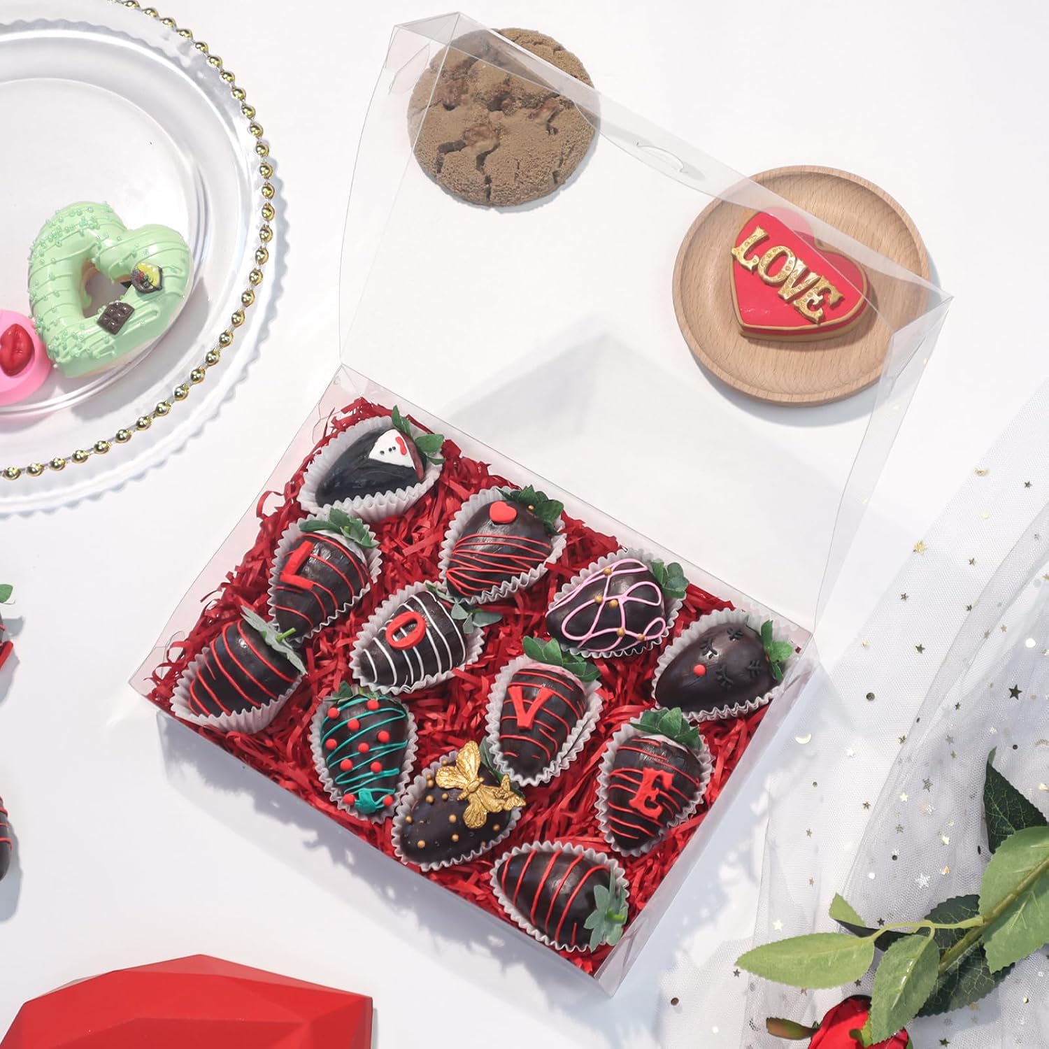 RomanticBaking 50PCS 10x7x2 inches Clear Cookie Boxes Strawberry Boxes Bakery Boxes Macaron Boxes Gift Boxes Treat Boxes for Party Favors