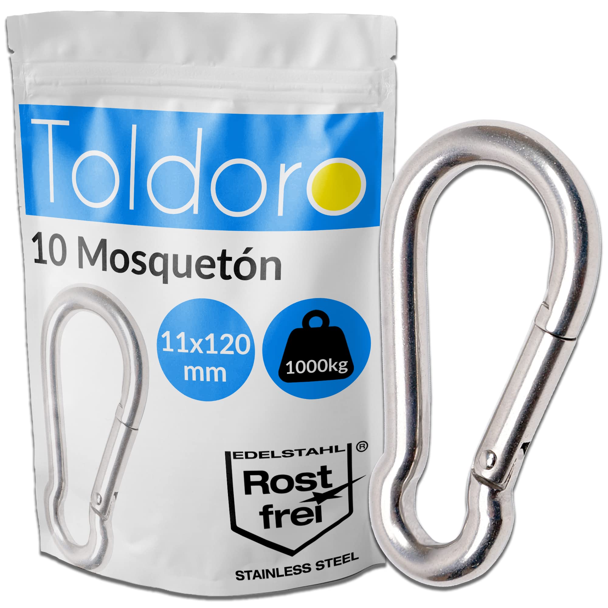 Toldoro 10 Piezas de mosquetones 11x120mm de Acero Inoxidable Niro AISI 316 V4A - Diferentes tamaños y cantidades Disponibles - mosquetón de Bomberos mosquetón sin dedal
