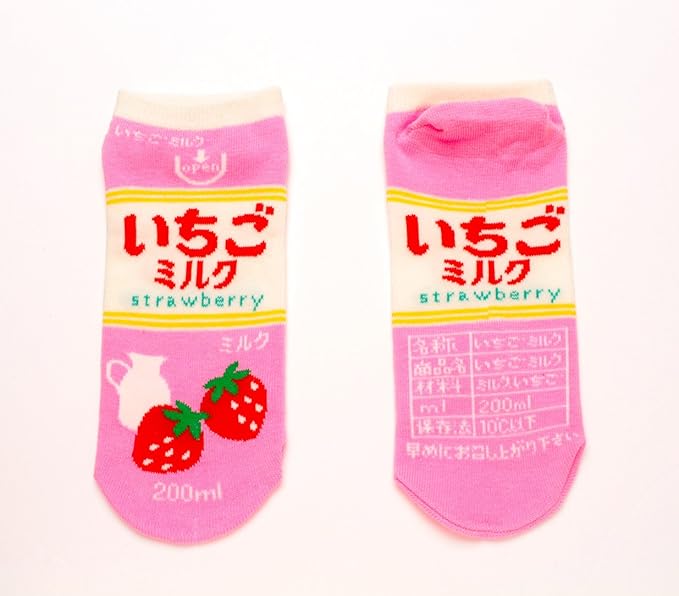 Amazon 日本製おもしろソックス 面白 おもしろ靴下 おもしろい靴下 くるぶし丈 スニーカーソックス レディース 日本製 お土産 おみやげ 景品 22 25cm いちごミルク 靴下 通販