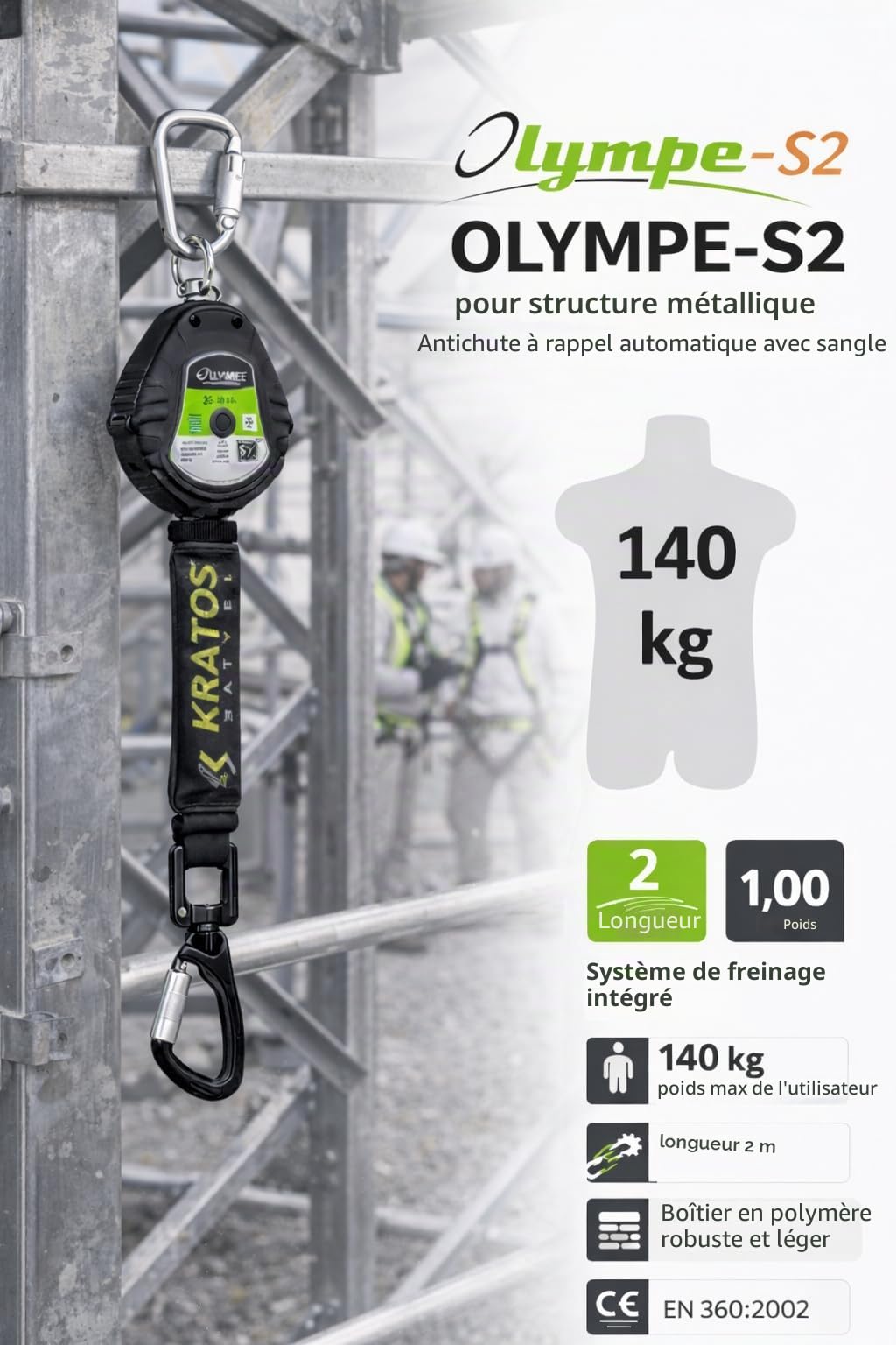KRATOS SAFETY - Olympe-S2, Antichute à Rappel Automatique avec Sangle LG. 2m - 119-FA2050202