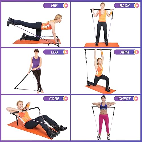 Miniatura 3 de Pilates Bar Kit for Women, 3-Section Screw Portable Pilates Bar with Metal Adjustable Buckle, Resistance Bands with Durable Carabiner,