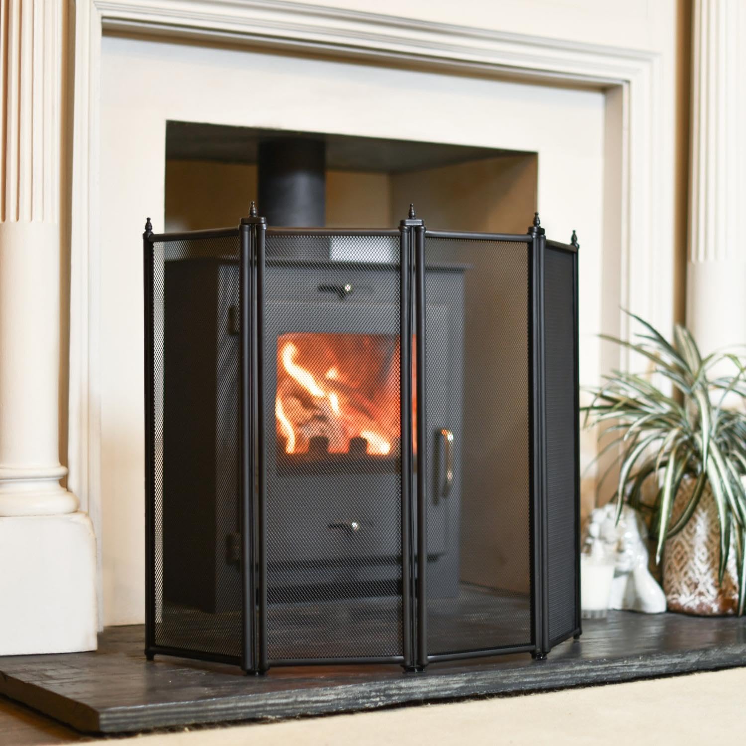 "Tempus" Tall Black Four Fold Fireguard Fire Screen – Classic Style Mesh Guard for Log Burners & Open Fires – Spark & Debris Protection