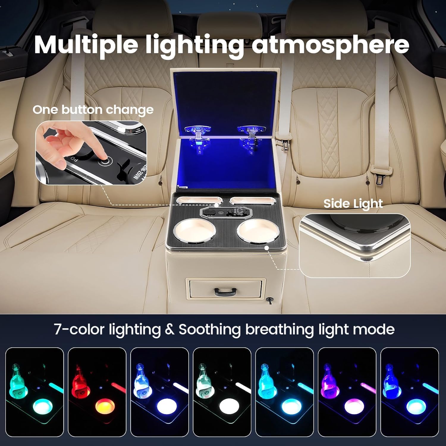 Center Console, Upgraded 7-Color Mood Lighting Center Console Organizer, Rear Bench Seat Armrest with Fast Phone Charging, Back Bench Seat Storage Box for Car Minivan Van Truck