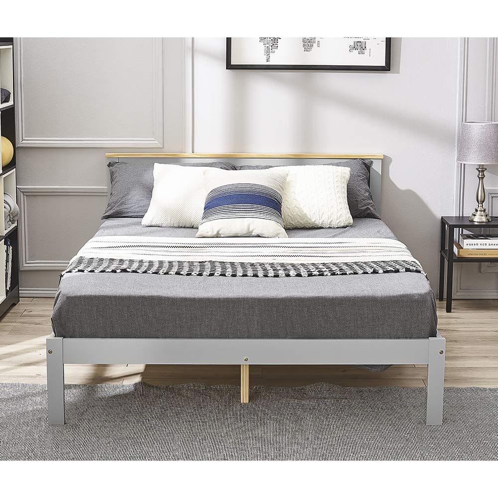PananaDouble Bed with Headboard, 4FT6 Wooden Single Bed Frame for Adults, Kids, 137 * 190cm, Grey+Wood