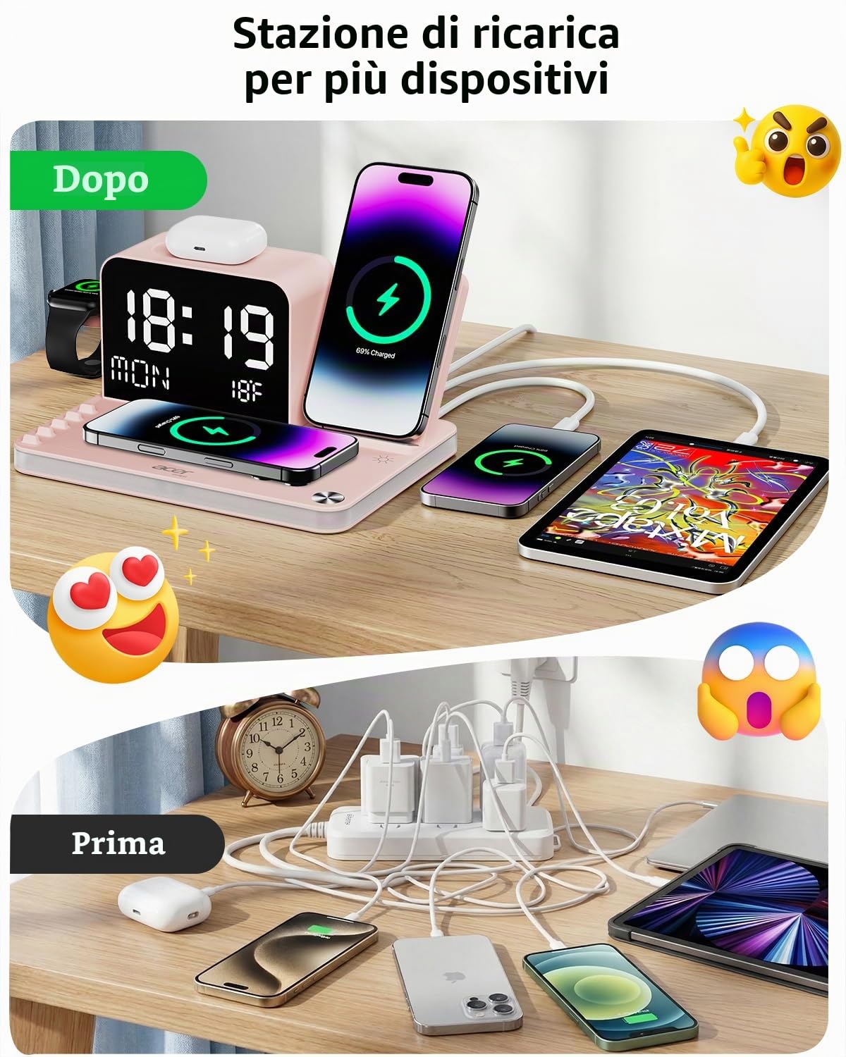 Acer Stazione di ricarica wireless 7 in 1 con orologio a LED, caricabatterie wireless veloce da 30 W per iPhone 16/15/14/13/12/Pro Max, Apple Watch, AirPods, sincronizzazione automatica dell'ora e