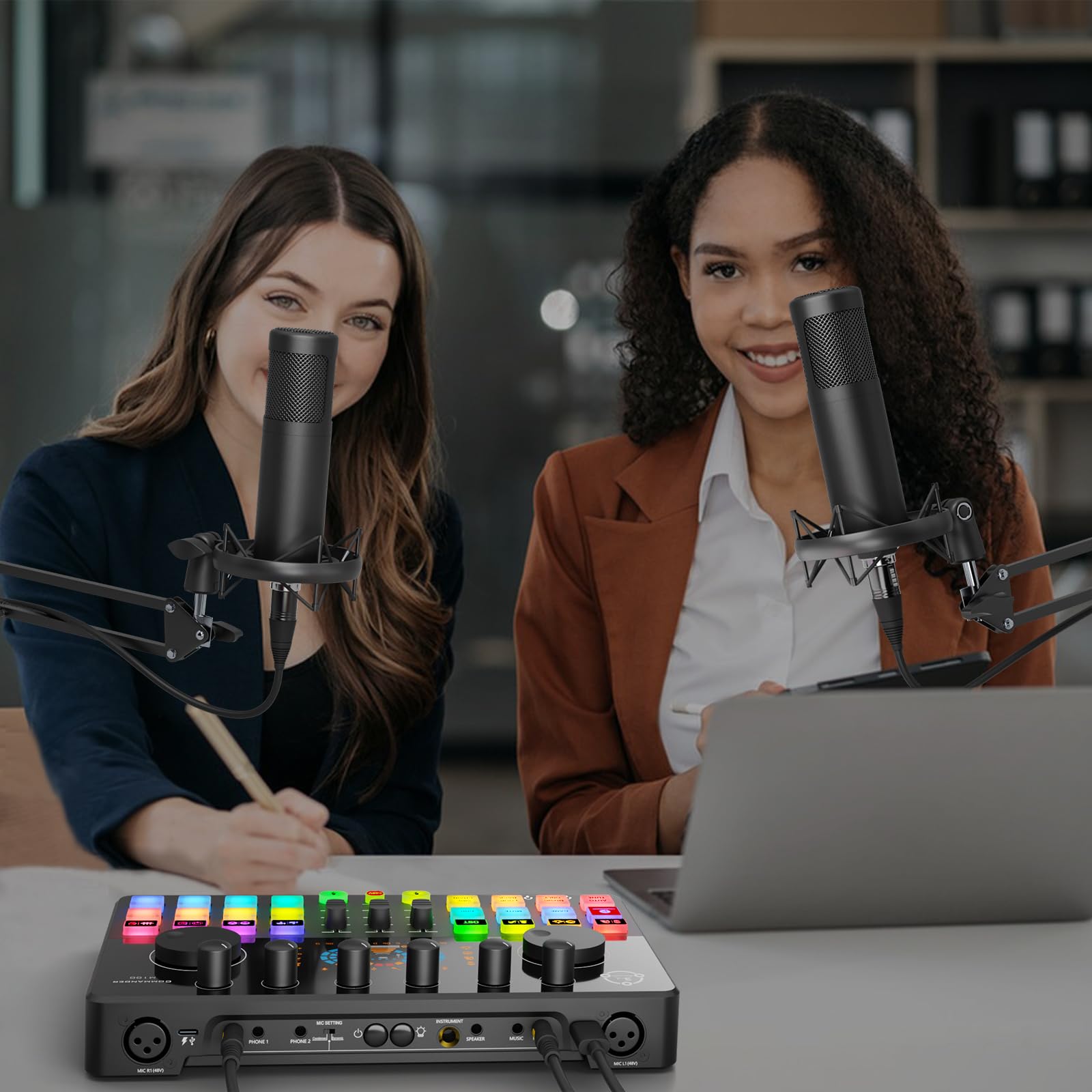 Podcast Equipment Bundle for 2, Audio Interface with Condenser Microphone, Voice Change, RGB, DJ Mixer for Streaming, Podcast Recording COMMANDER M100 3rd