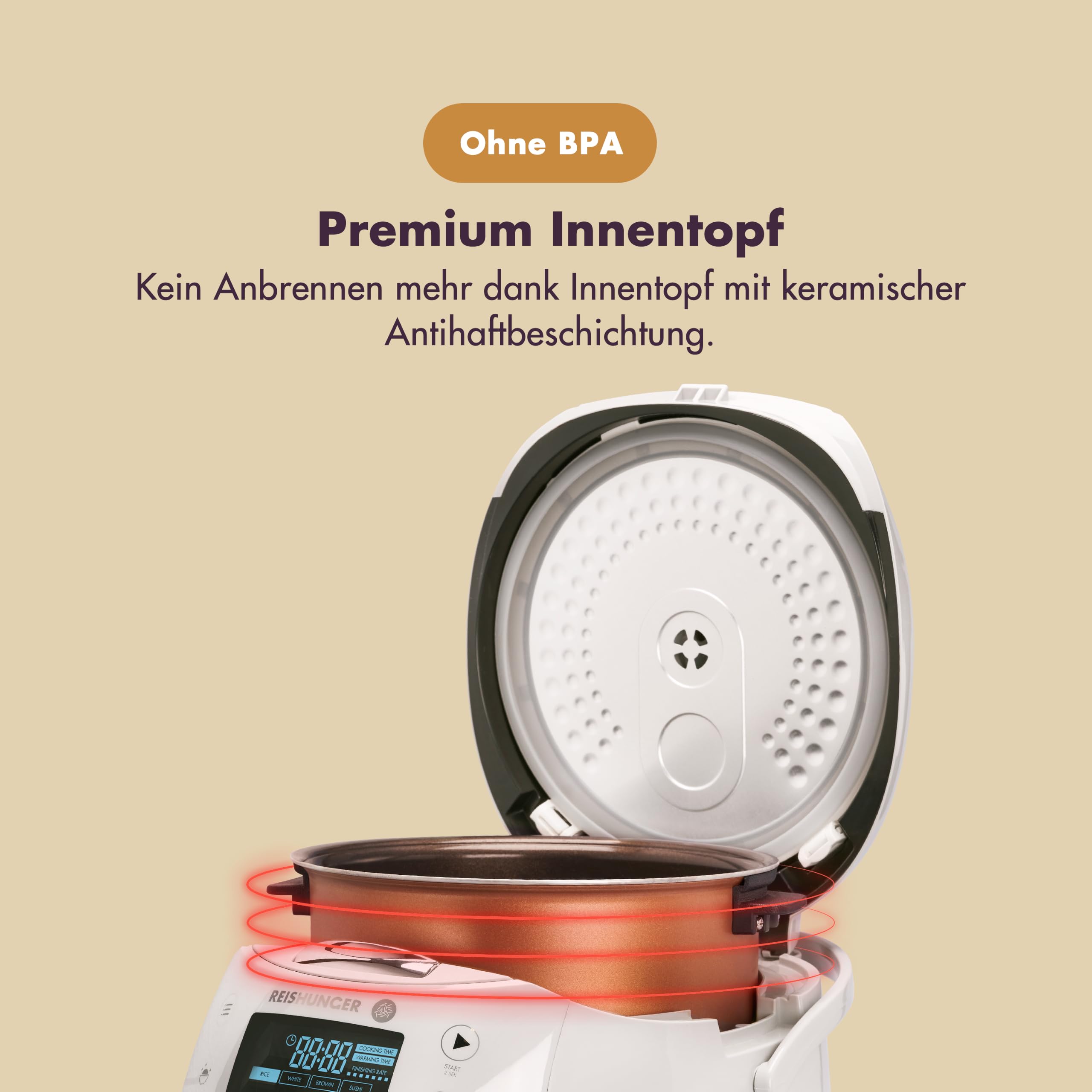REISHUNGER Digitaler Reiskocher & Dampfgarer – 1,5L – Schwarz | bis zu 8 Personen – Warmhaltefunktion, Timer & Premium Innentopf – Multikocher, 12 Programme, 7-Phasen-Technologie