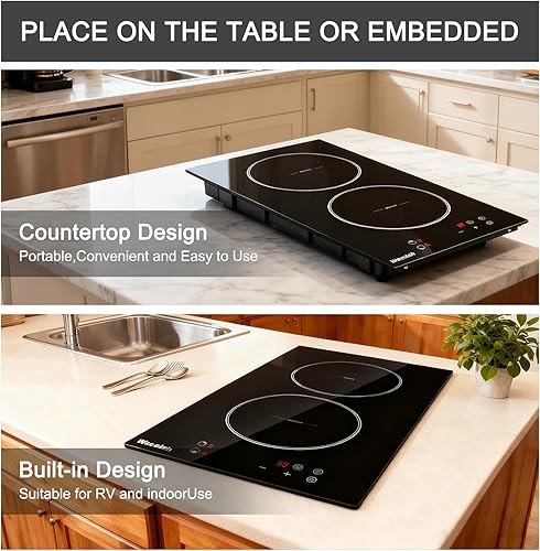 Miniatura 2 de Estufa de inducción de 12 pulgadas, 2 quemadores, 1800 W, control táctil, bloqueo de seguridad para niños, 9 niveles de potencia, 99 minutos,