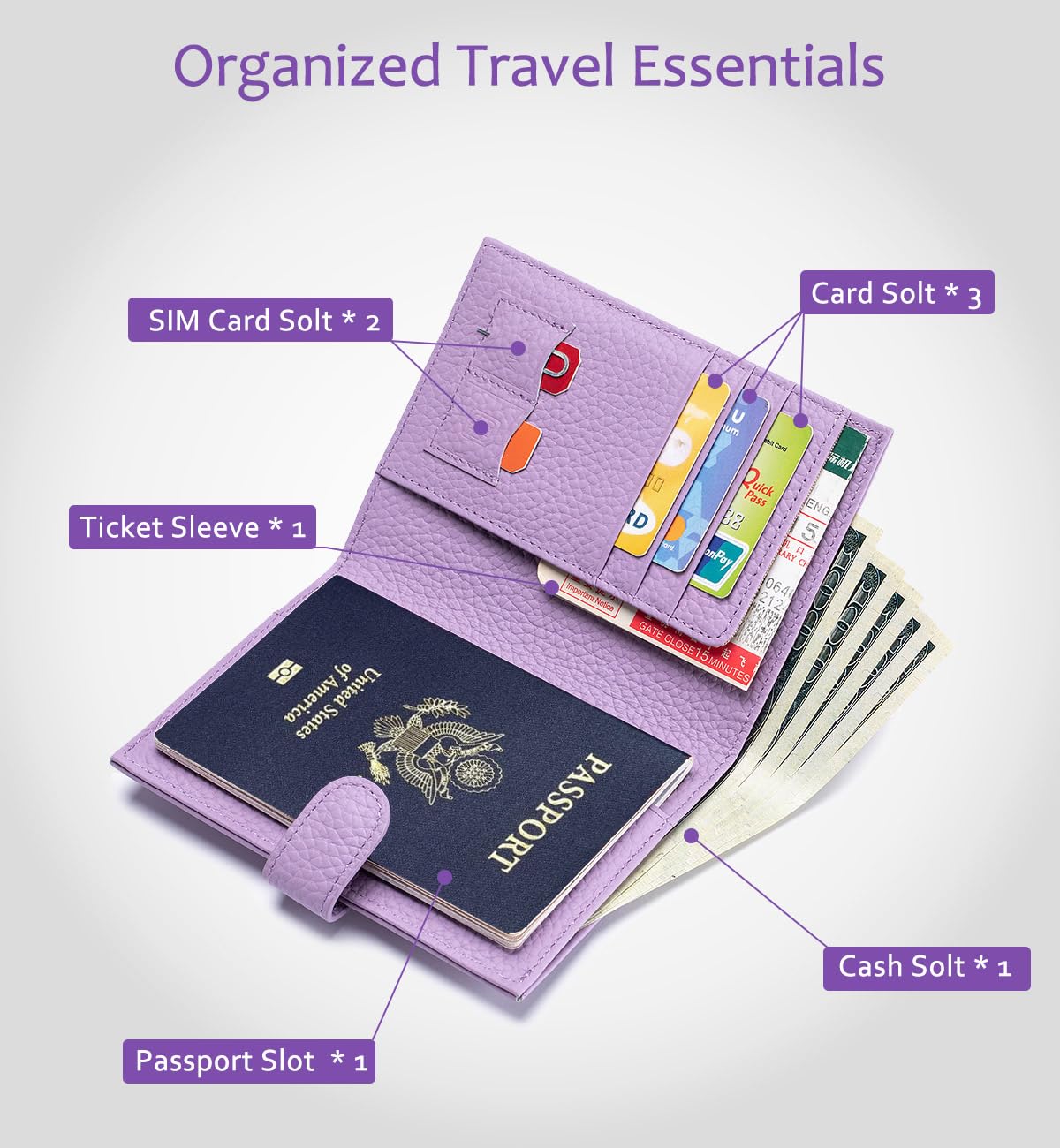Porta passaporto in pelle da viaggio da donna, con blocco RFID, con slot per schede, portamonete e slot per SIM, organizer da viaggio sottile in vera pelle, elegante grigio, Lavanda, Sottile