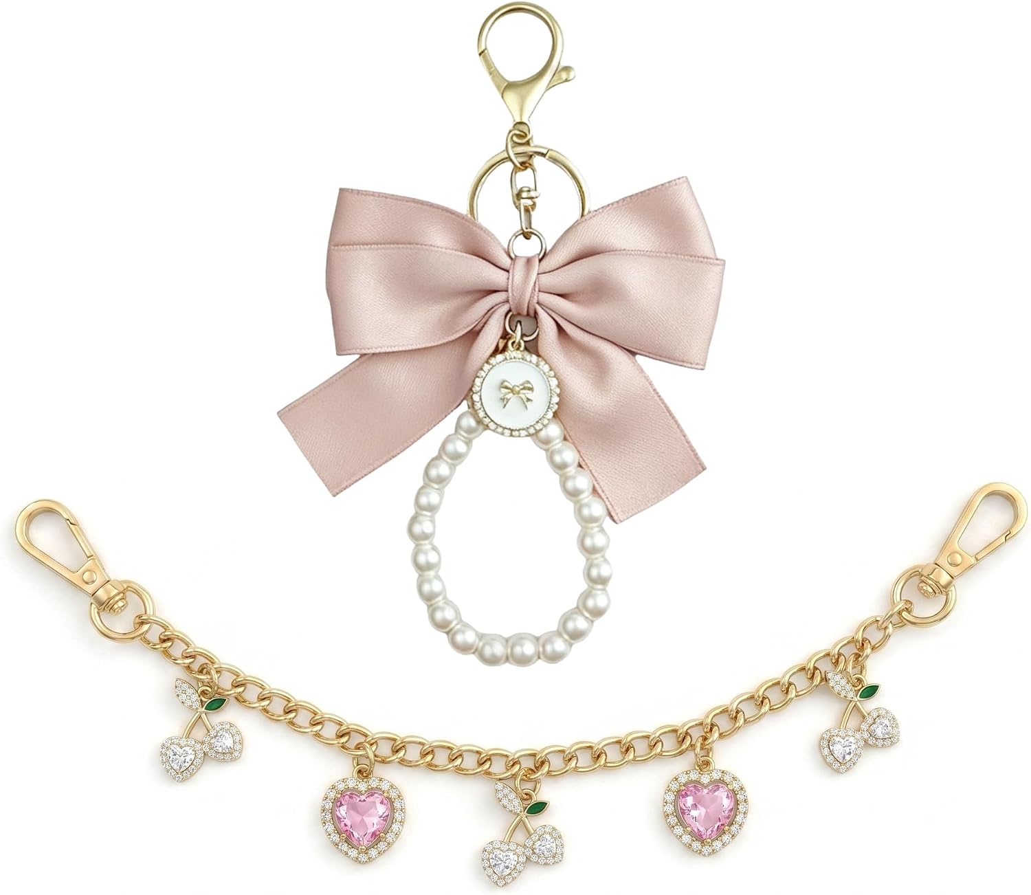 2Pcs Bag Charms Purse Chain Set Bow Pearl Keychain & Metal Strap Extender Accessories for Handbags Womens Gift