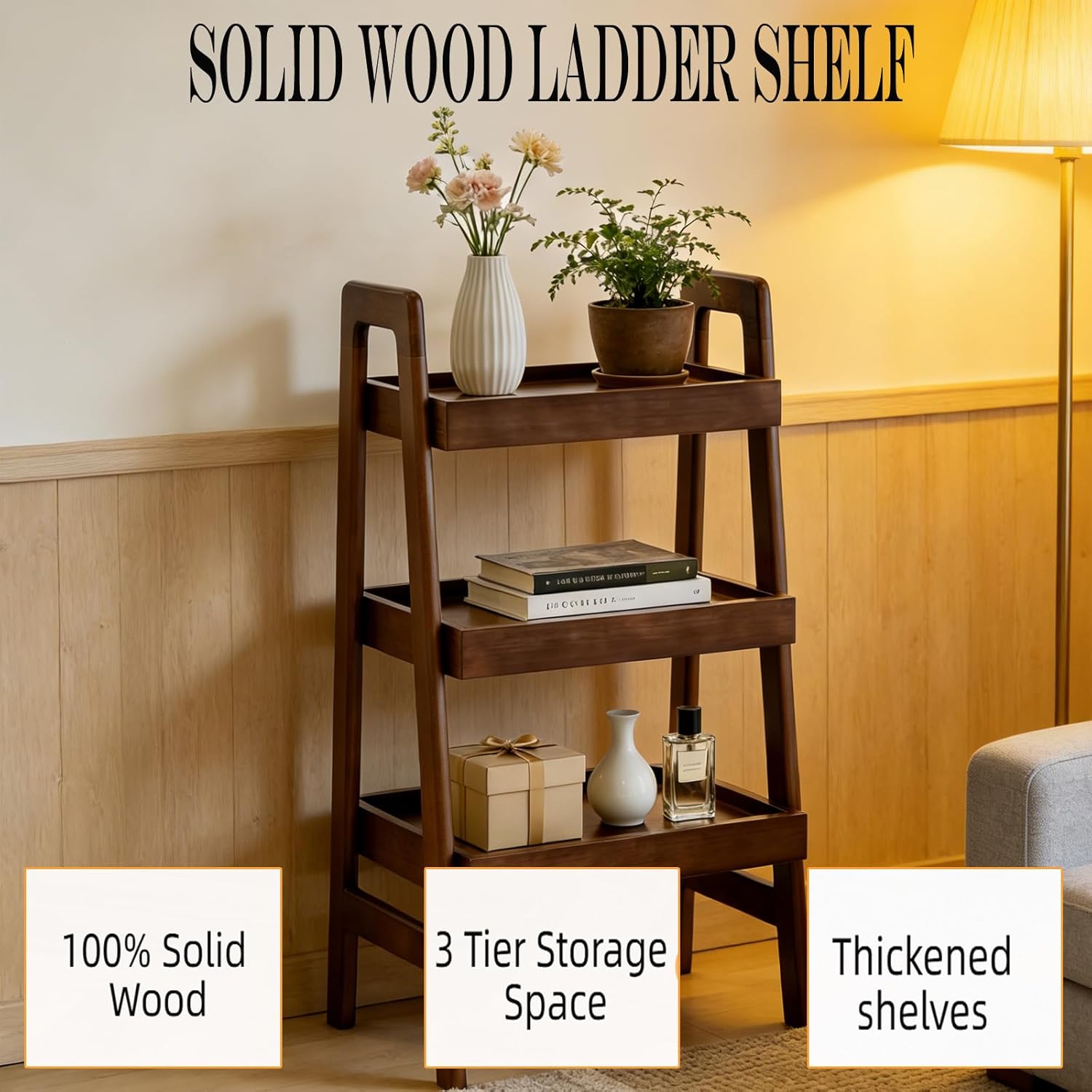 Classic Solid Wood Trapezoidal Storage Rack, Three-Layer Open Independent Storage Rack, Compact Trapezoidal Bookshelf, Suitable For Living Room, Bedroom, Study, Balcony, Home Office (Walnut)