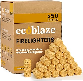 Ecoblaze Natural 50 Firelighters ​​- Fire Lighters for BBQ, Pizza Oven, Fire Pits - Wood Wool Fire Starters - Perfect for Garden Life & Camping, Safe, Clean Wax Coated Instant Firestarter