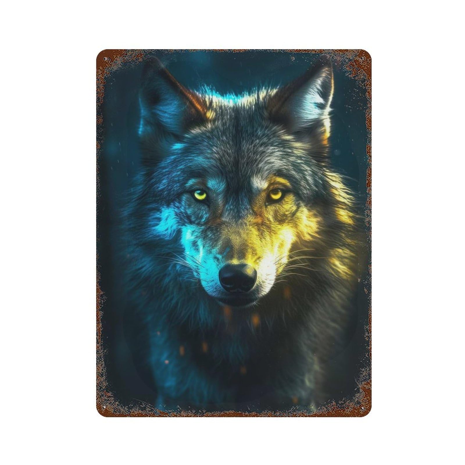 Black Wolf in Neon Light 15.7"x11.8" Rust Effect Tin Sign, Industrial Home Decor for Living Room, Hallway And Home Decor