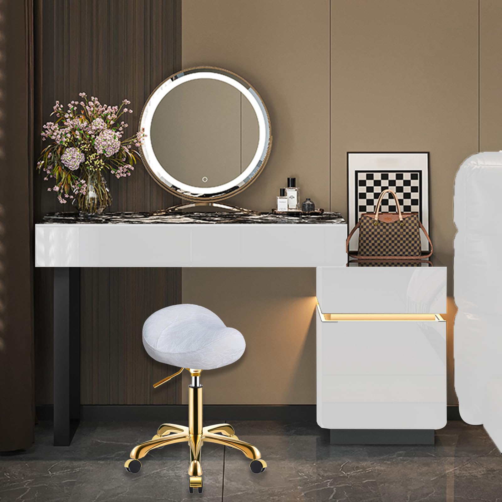 Dorado Taburete de Montar con Ruedas, Silla Tocador Banqueta Regulable, PU Cuero Patrón Glacial Giratoria Banquillo para Salón y SPA (Oro + Blanco, Sin Respaldo)