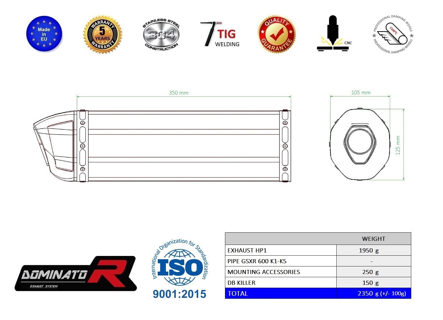 DOMINATOR Silenciador Escape HP1 compatible con GSXR 600 K1 - K5 2001-2005