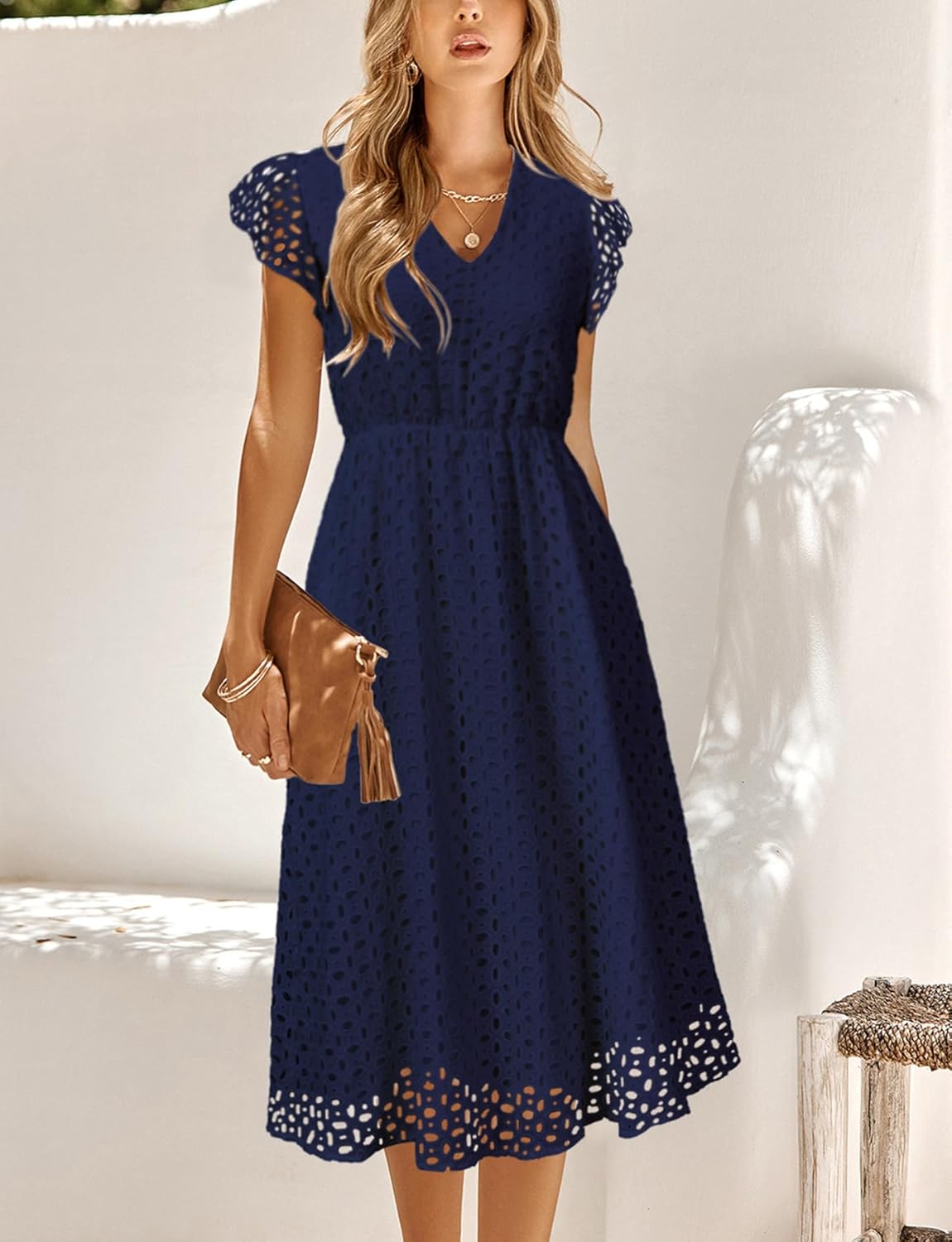 Women's 2025 Ruffle Sleeve Eyelet V Neck Mini A Line Casual Elegant Holiday Wedding Guest Party Dresses with Pockets