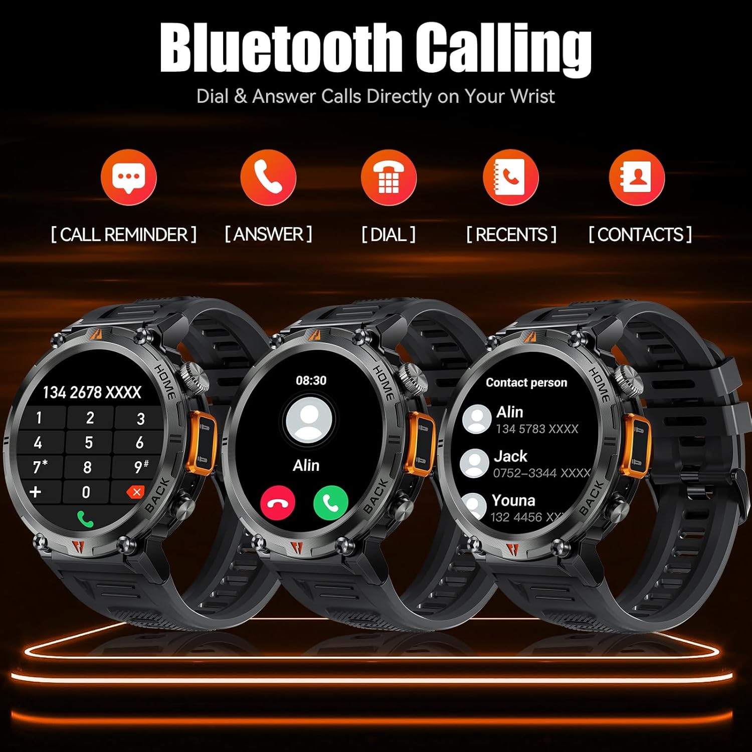 EIGIIS KE3 Smart Watch showing Bluetooth calling features like call reminder, answer, dial, recents, and contacts