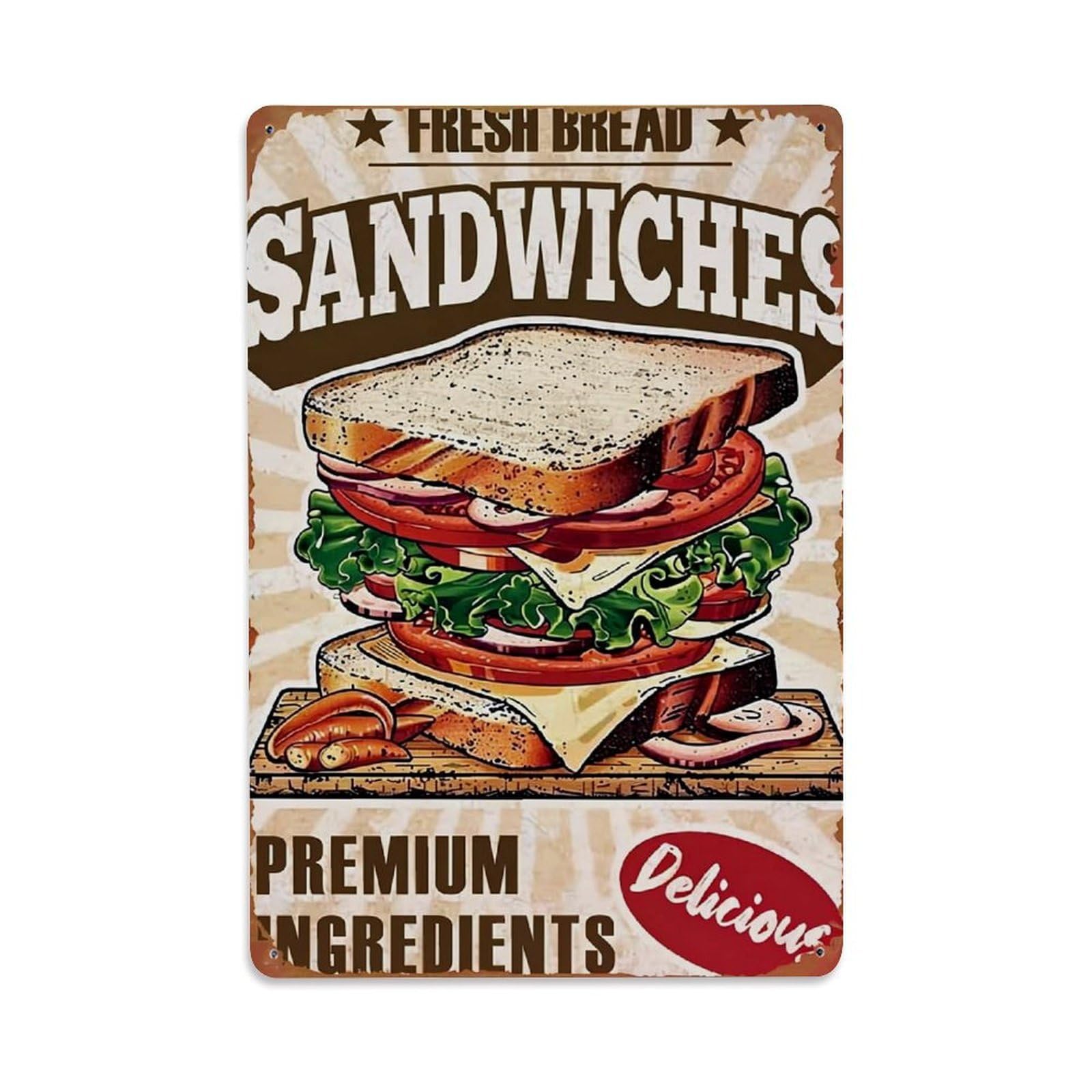 Jdfenggu Vintage Fresh Bread Sandwiches Premium Ingredients Delicious Retro Metal Tin Sign, Decor Art Poster For Bar, Home, Man Cave, Kitchen, Laundry Room Gift 8X12inch