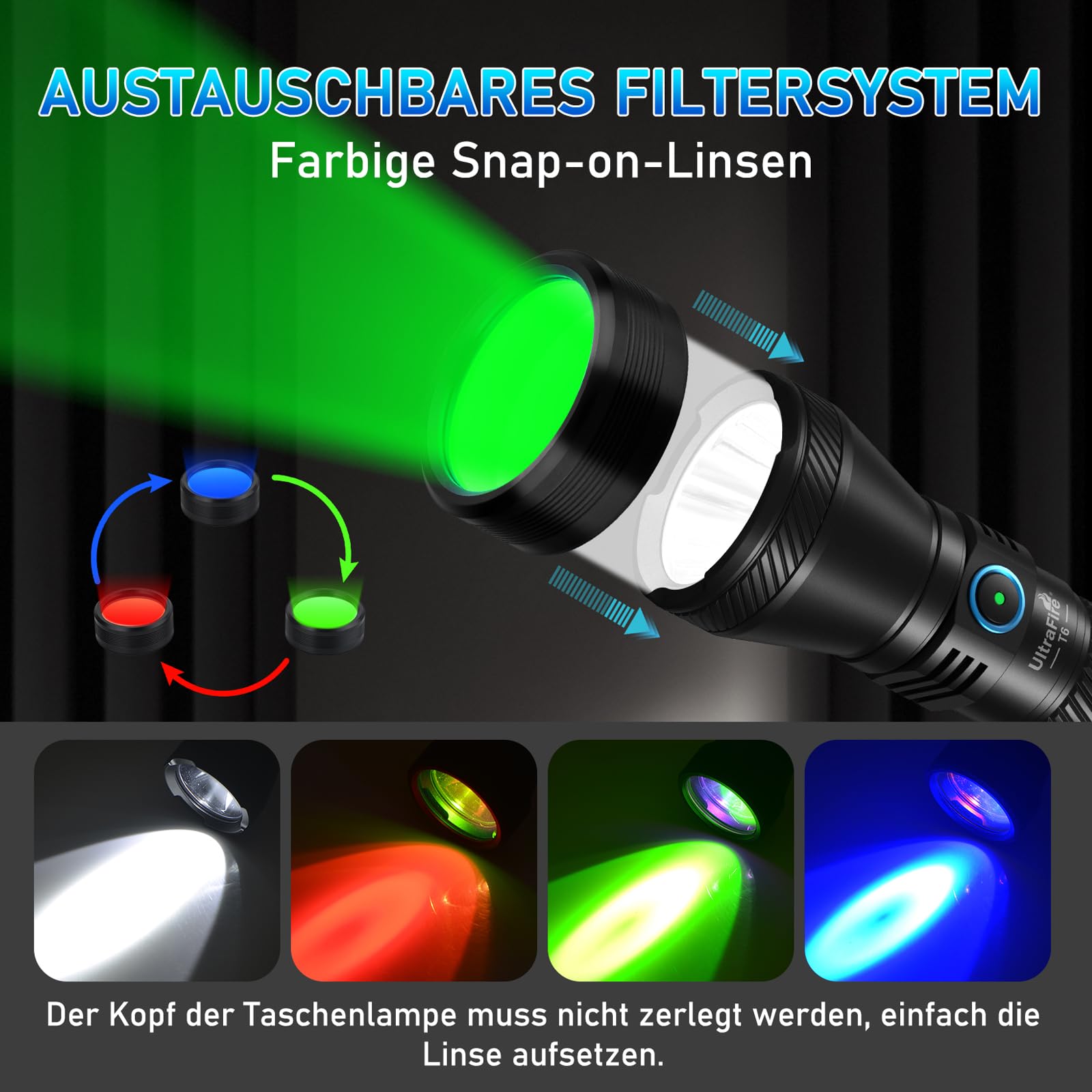 UltraFire 1800 Lumen Wiederaufladbare Taktische Taschenlampe, 4 Farben Jagdlicht Rot/Grün/Blau/Weiß, 4 Modi, Doppelschalter, 550 Meter Reichweite, IPX8 Wasserdicht, Camping Jagd Angeln Taschenlampe T6