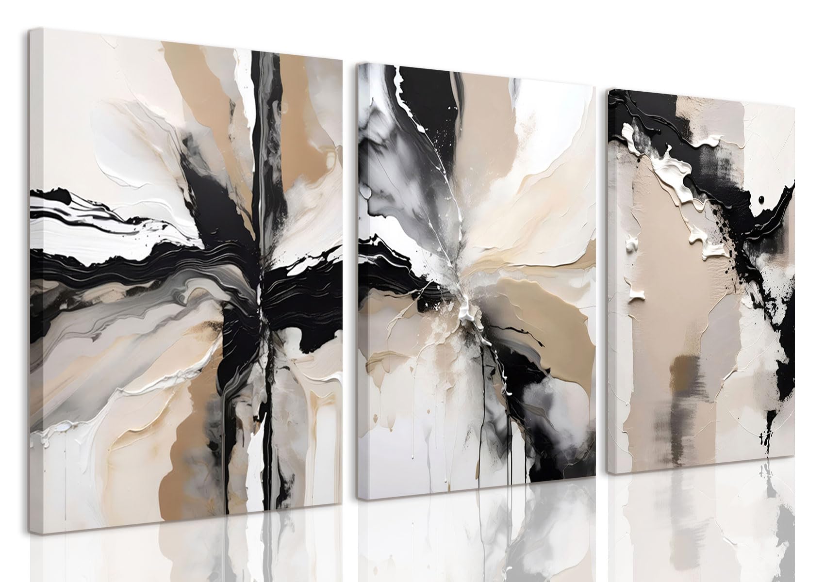LYPHNX Framed Black and Brown Abstract Geometric Canvas Wall Art Modern Grey White Beige Print Poster Set of 3 Painting Terracotta Brush Strokes Picture Home Decor for Bathroom Bedroom Office 12"x16"