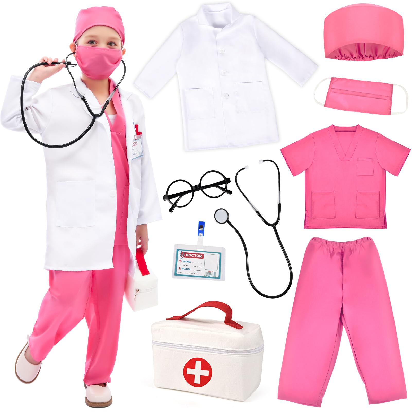 Kids Doctor Costume Pretend Play Kit with Lab Coat Carrying Bag Accessories Halloween Doctor Dress up for Boys Girls