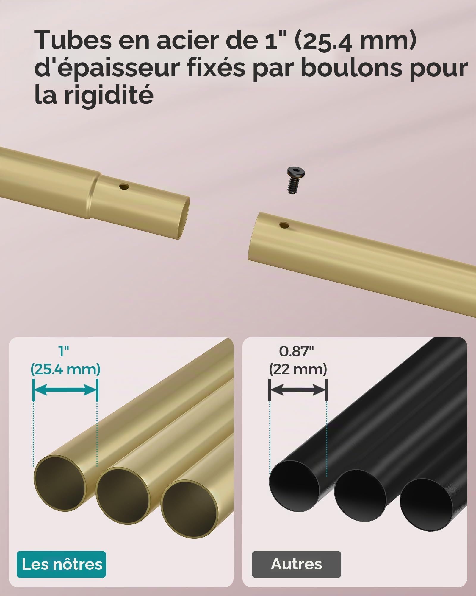 SONGMICS UHSR025A01 Portant à vêtements avec roulettes, pour suspendre les vêtements, 25,4 mm, avec étagère de rangement en maille dense, capacité de charge de 50 kg, 2 freins, doré