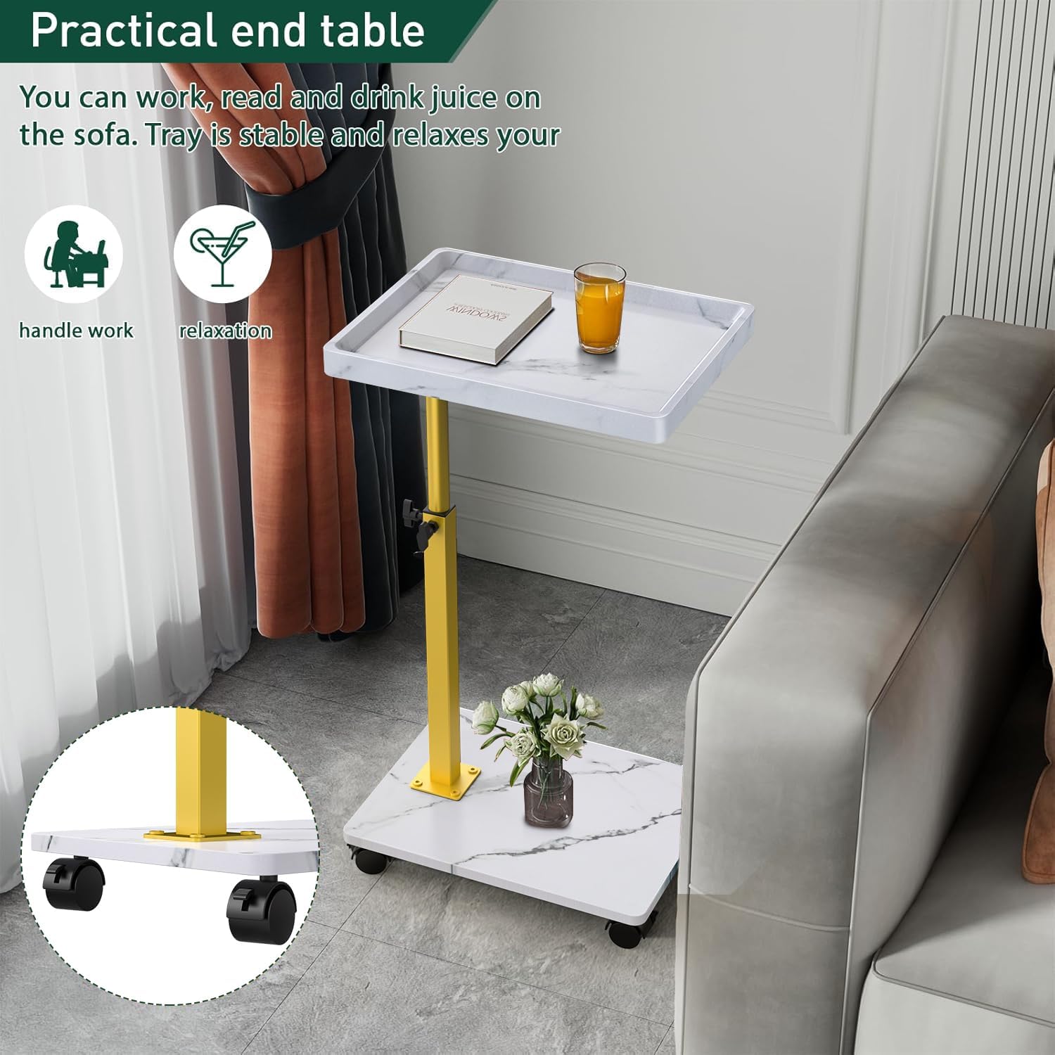 XNSDXV C Table End Table Adjustable Height, 360°Swivel TV Tray Table for Small Spaces, Couch Tables that Slide Under, C Shaped Side Tables Living Room and Bedroom for Sofa, Bed,Chair, Snack