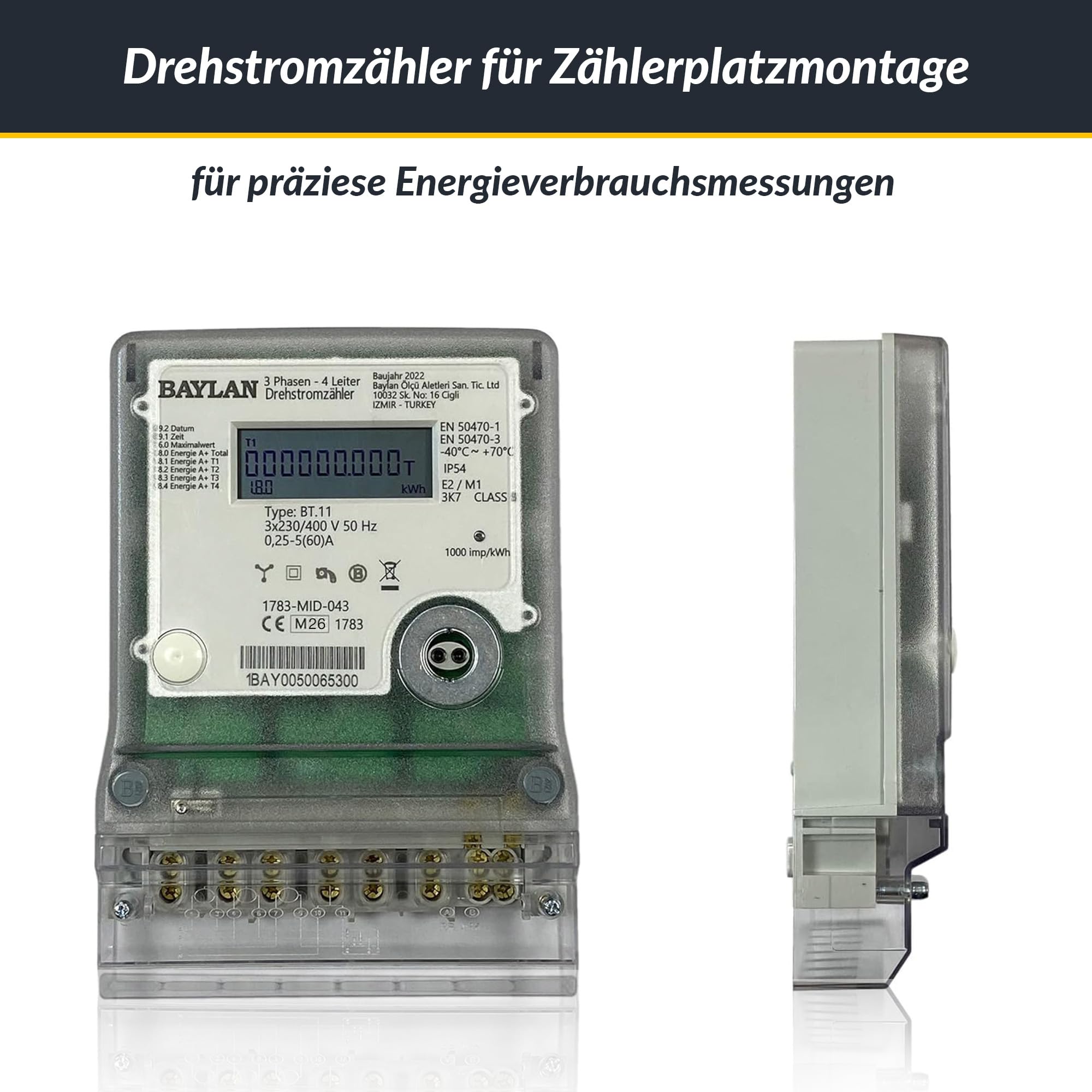 B+G E-Tech [BT.11 - MID 26] Drehstromzähler für Zählerplatzmontage - MID zertifiziert, Direktmessung bis 60A, Einzeltarifzähler mit interner Uhr, IR & RS485 Schnittstelle