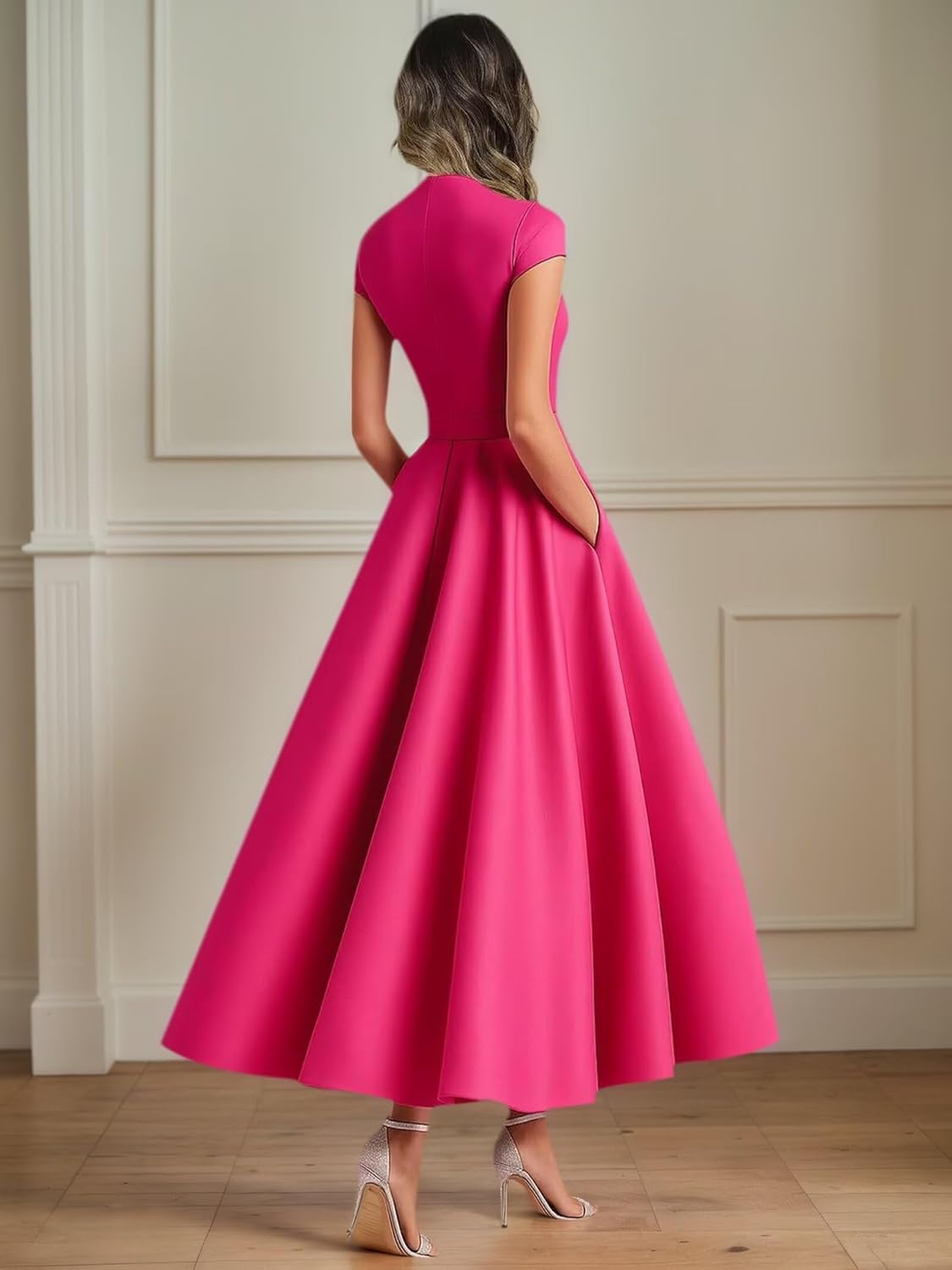 Tea Length Mother of The Bride Dresses for Women Cap Sleeve Satin 3D Flower Formal Evening Party Gowns with Pockets - Image 4