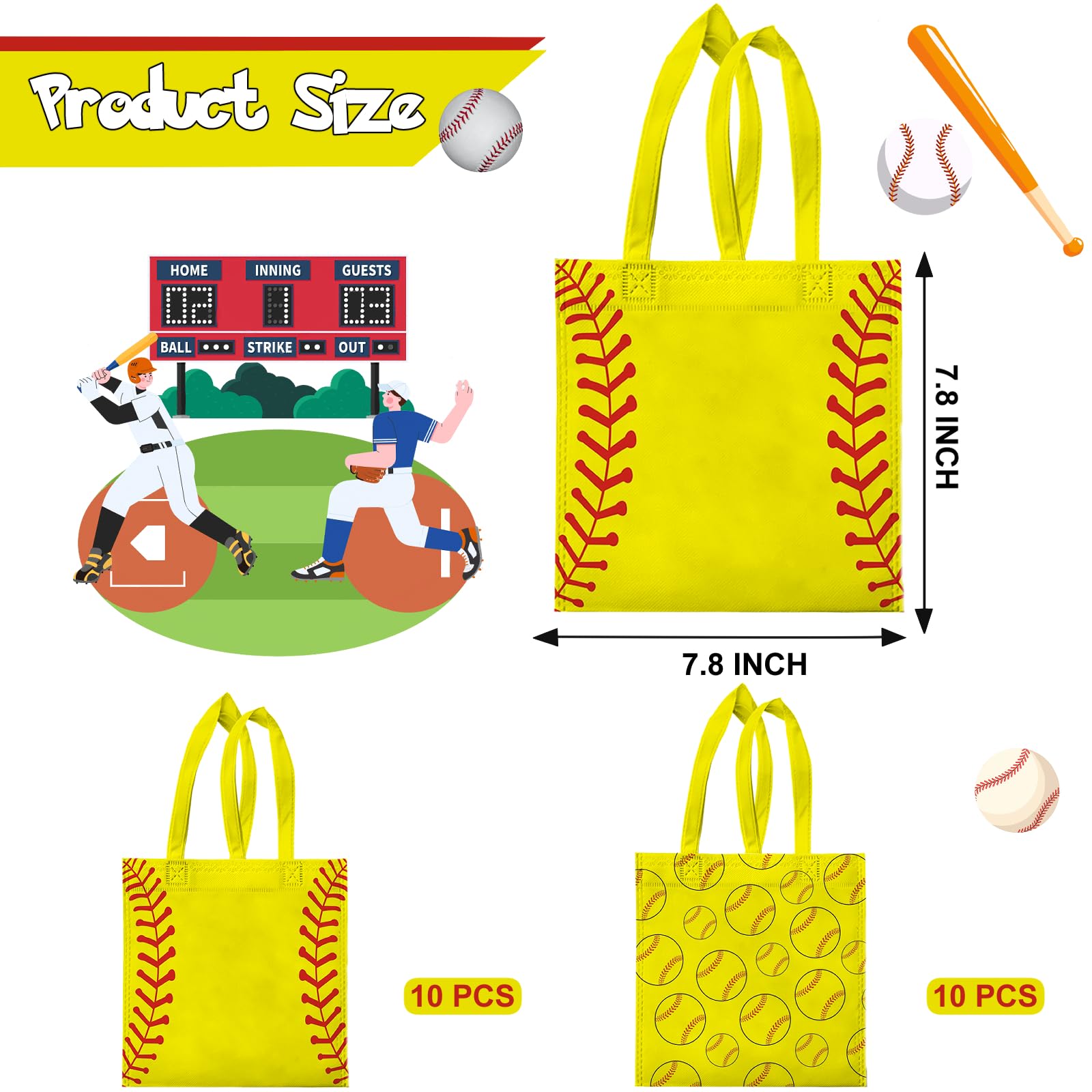 Ertyjikg 20 Pcs Softball Goodie BagsNon-woven Reusable Softball Bag for Sport Theme Birthday Party Supplies