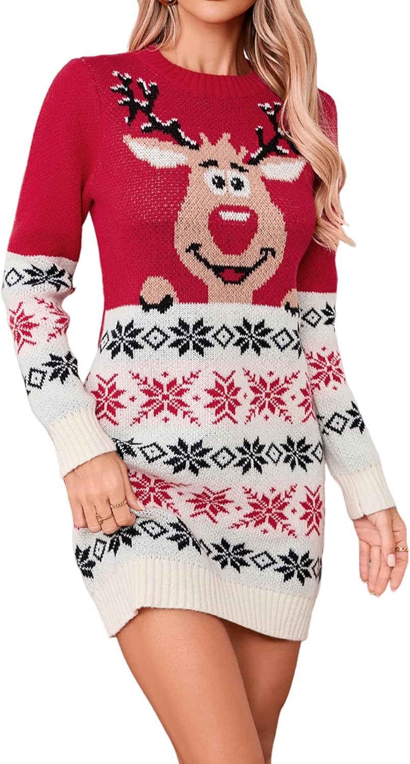 SunnyMelody Womens Ugly Christmas Sweater Dress Winter 2025 Reindeer Snowflake Knit Crew Neck Long Sleeve Midi Dresses