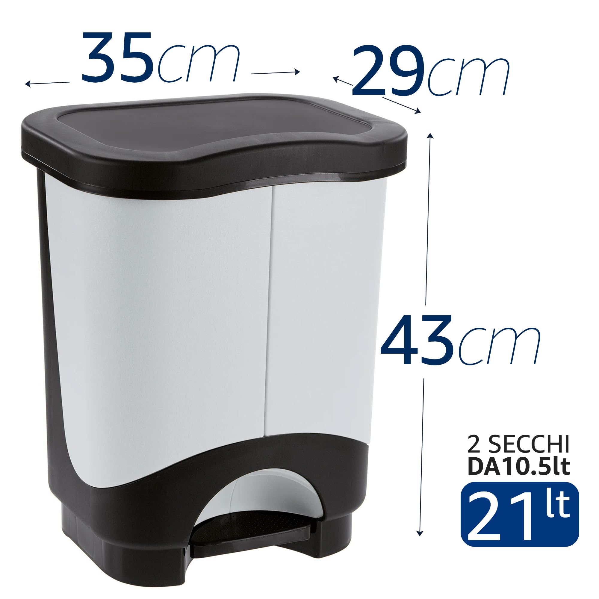 Sicignano | Cubo de basura con pedal multiusos – Papelera de recogida selectiva moderna, fácil apertura – ideal para casa, oficina, baño, cocina (negro/gris claro, 21 L)