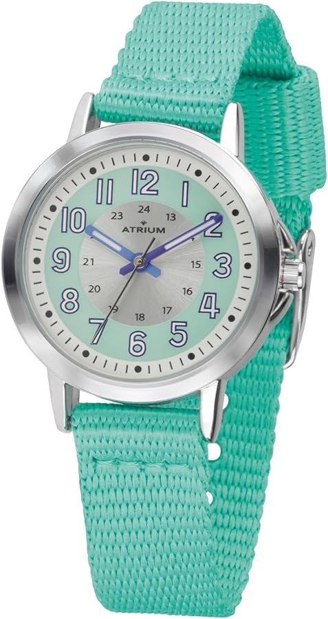 Atrium Kinderhorloge jongens analoog kwarts extra duidelijk met gestreepte nylon band donkerblauw oranje lichtblauw A50-12, Meerkleurig, Klassiek
