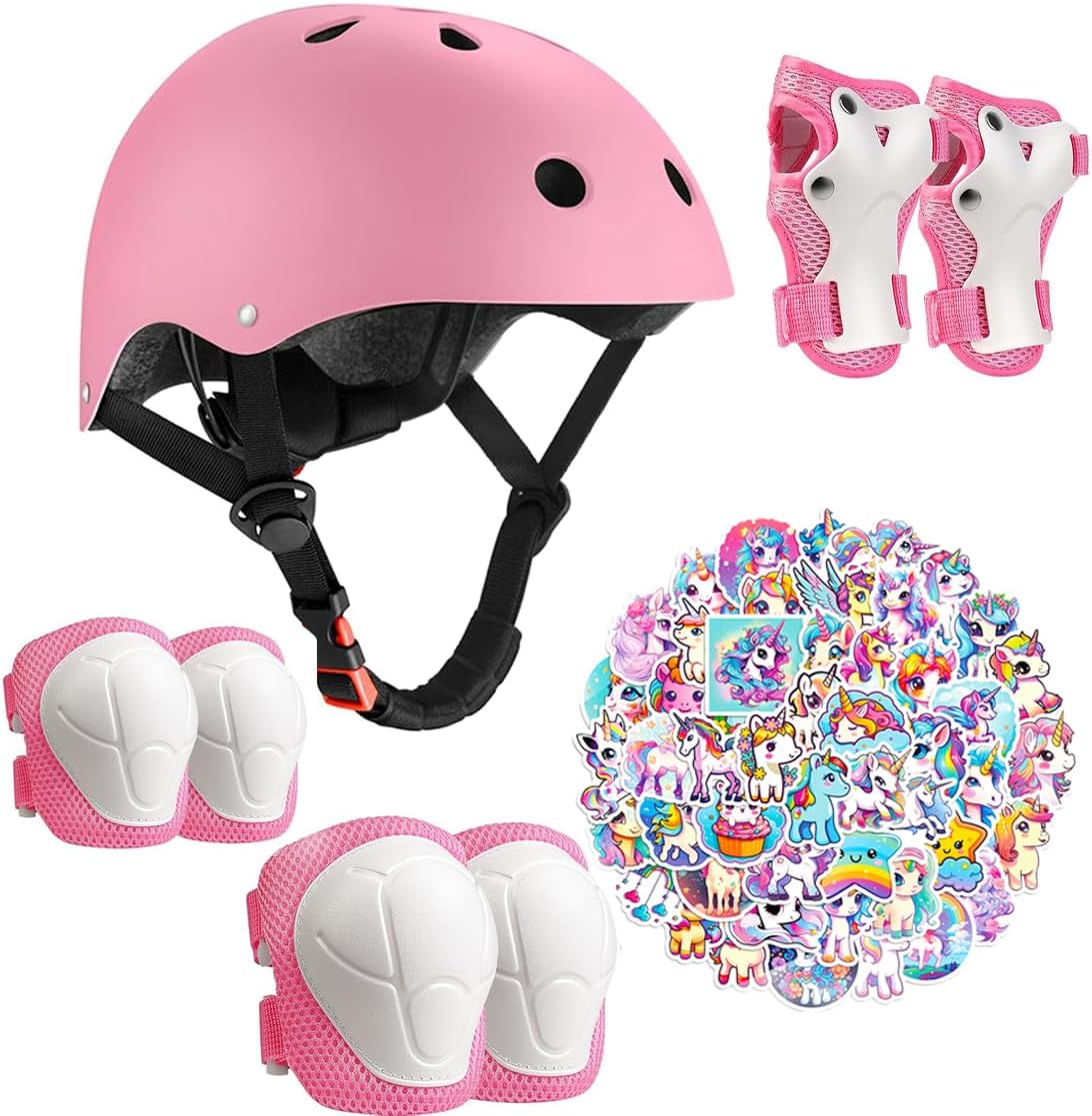 Kids Bike Helmet with Knee Elbow Wrist Pads Guards,Pink,for Ages 2-3-5-8-14,Sports Bicycle,Skate Scooter,Rollerblading with Unicorn Sticker