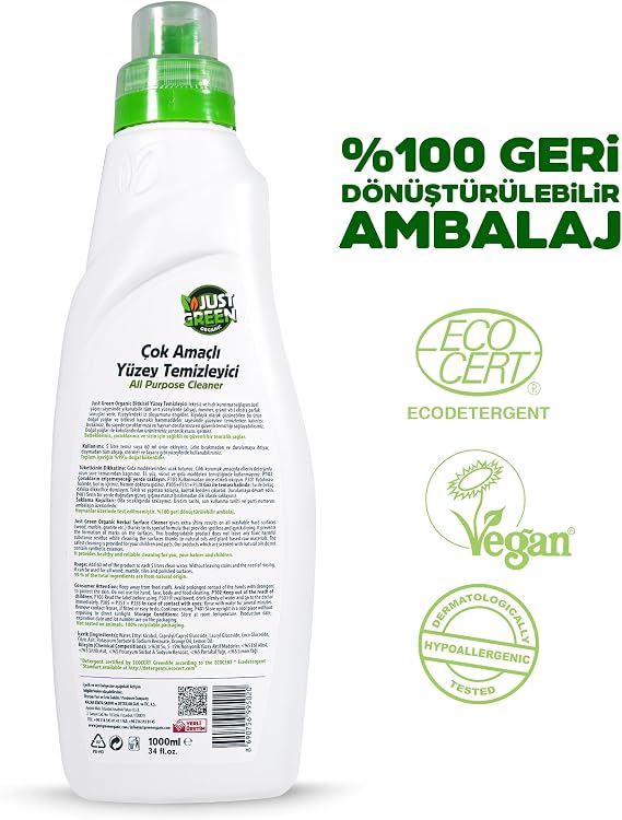 Just Green Organic Doğal Çok Amaçlı Temizleyici Sprey, Bebek ve Evcil Hayvan Alanlarına Özel Hipoalerjenik Genel Yüzey Temizleme Sıvısı, 1000 ml