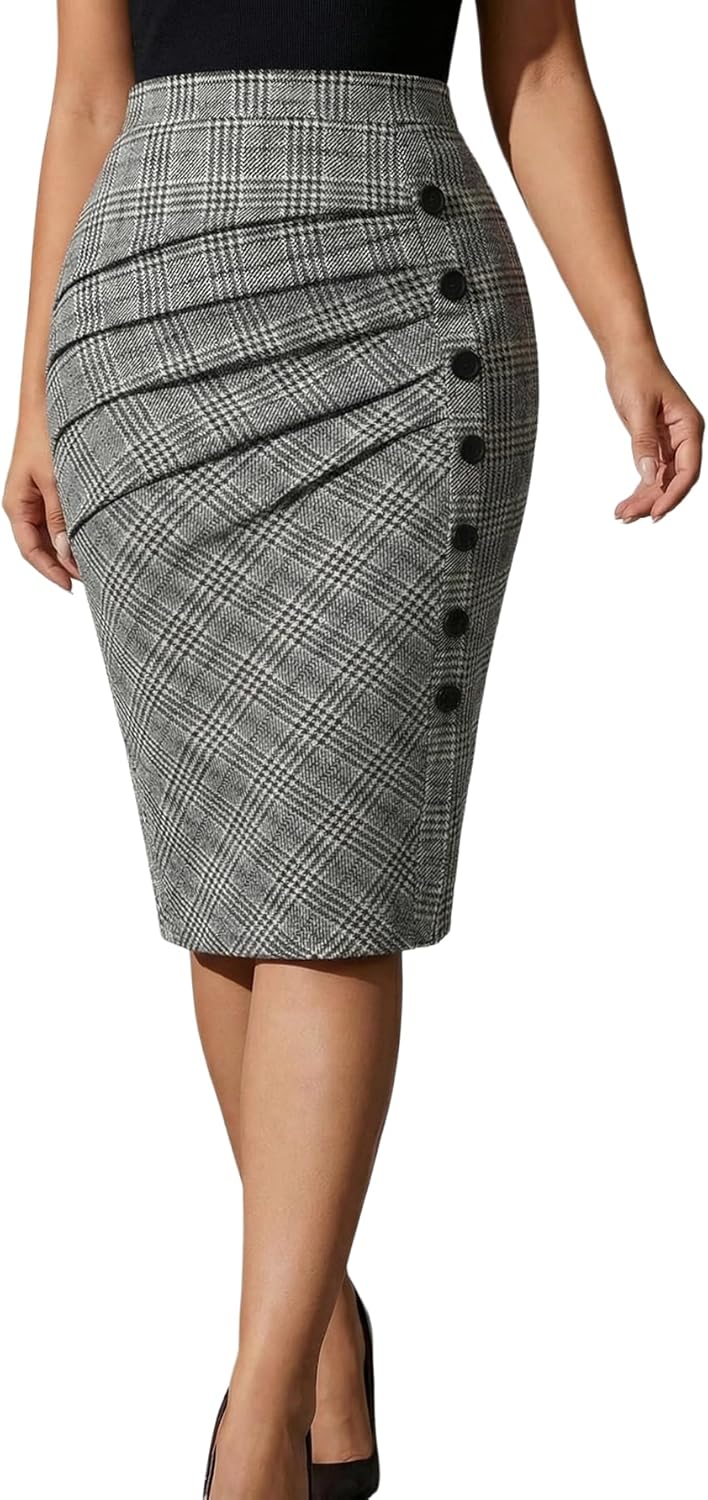 Women's Plus Size Plaid Ruched Pencil Skirt Old Money Button High Waisted Bodycon Midi Work Office Skirts