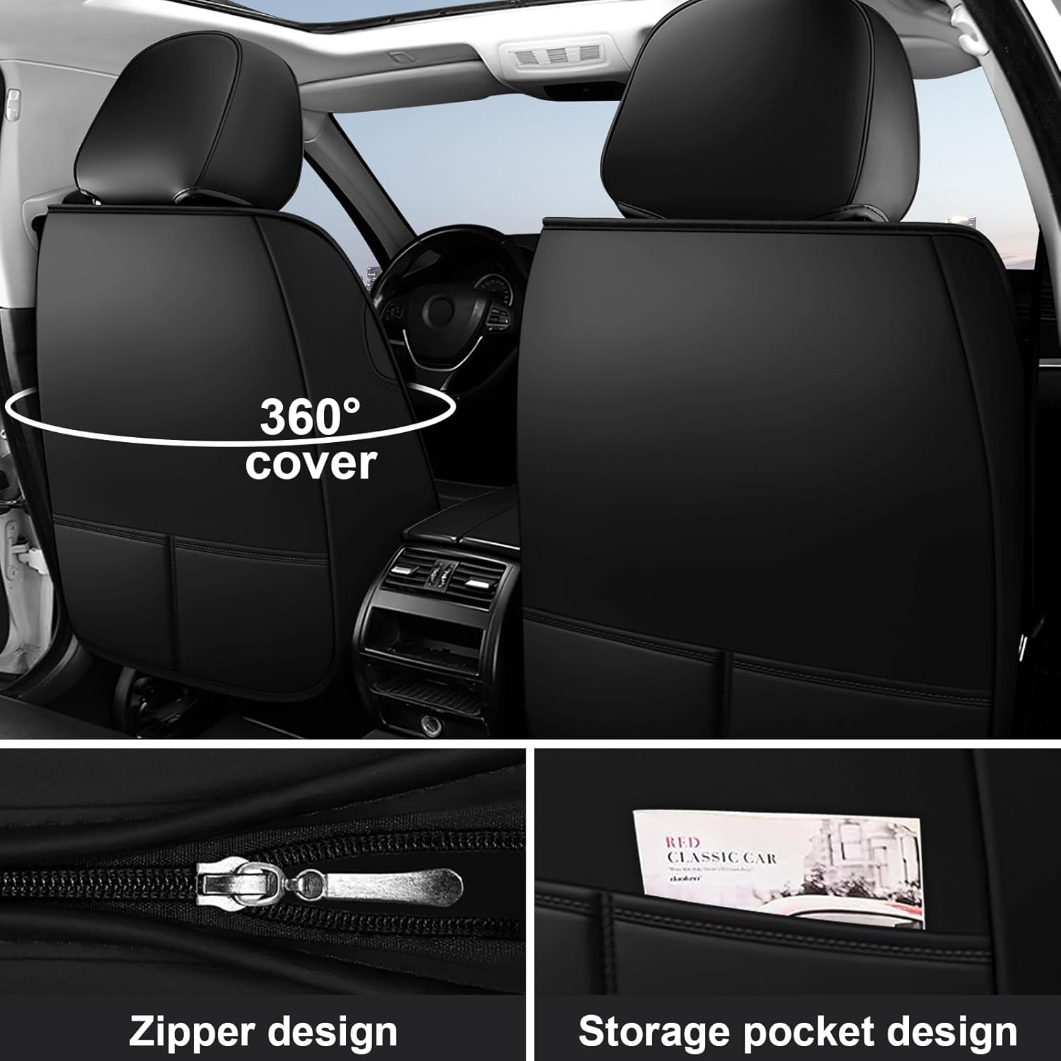 DHAEY Car Seat Covers for Mitsubishi Outlander 2003-2025, Family Seat Covers, Nappa Leather, Wear-Resistant, Anti-Slip, Waterproof, 2PCS Front, Black White