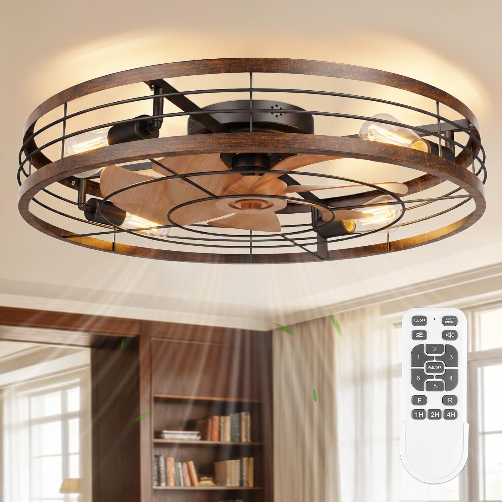 Photo 1 of VOLISUN 27.6'' Caged Ceiling Fan with Light and Remote,Rustic Low Profile Ceiling Fan with Light Flush Mount, Farmhouse Bladeless Fandelier Ceiling Fans with Lights for Kitchen,Bedroom-Gold