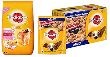 Pedigree Puppy Dry Dog Food, Chicken & Milk, 15kg Pack & Pedigree Adult Wet Dog Food, Chicken & Liver Chunks in Gravy, 70 g (Pack of 15)
