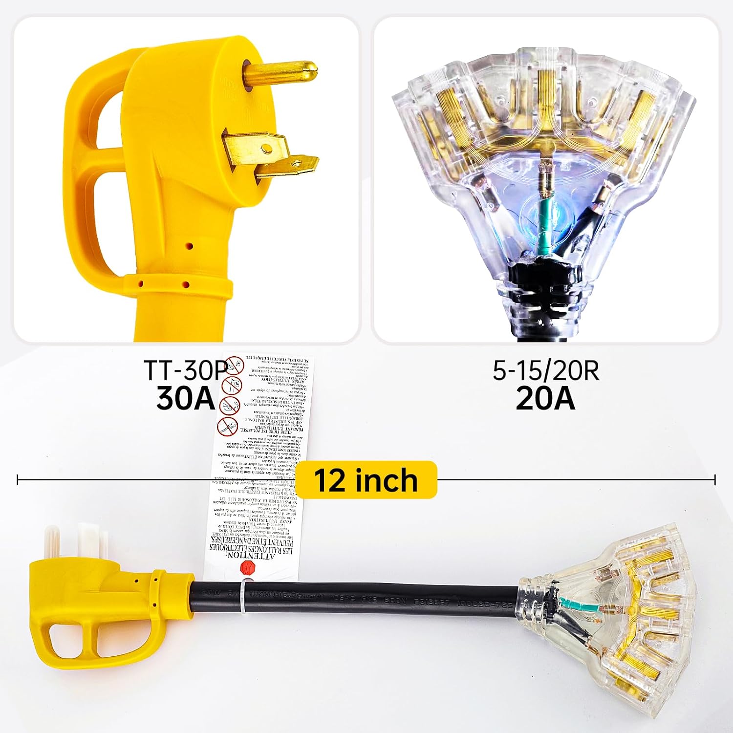 30 Amp to 20Amp 120V RV Generator Adapter Cord,NEMA TT-30P Male Plug to 3X5-15R/5-20R Female T-Blade Household Connectors with LED Indicator, 1 FT