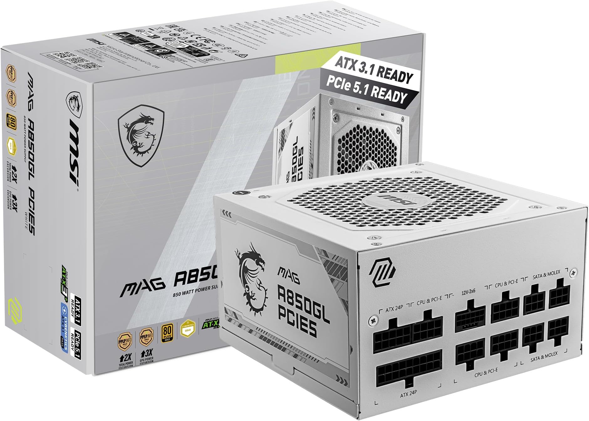 MAG A850GL PCIE5 White, Fully Modular Compact Gaming 850W Power Supply, 80+ Gold, ATX 3.1 & PCIe 5.1 Ready, Native Dual-Color 12V-2x6 Cable, 10 Year Warranty