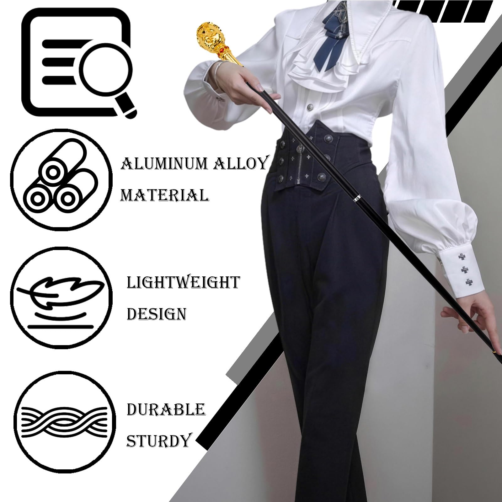 Bastón de Aluminio de Dos Secciones de Estilo Vintage, con Empuñadura Dorada, Ajustable, para Hombre y Mujer, Bastón Ligero