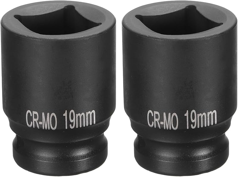 Soquete de Impacto Quadrado de 4 Pontas HARFINGTON, Encaixe de 12,7 mm (1/2 pol.), 19 mm, CR-MO, 45 mm, Preto, Kit com 2 Peças