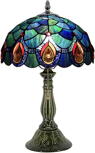 Tiffany Lamp Stained Glass Table Lamps Sea Blue Peacock Tail Style Desk Lamp 12X12X18.5 Inch Bronze Ceramic Base Reading Light Suitable for Bedside