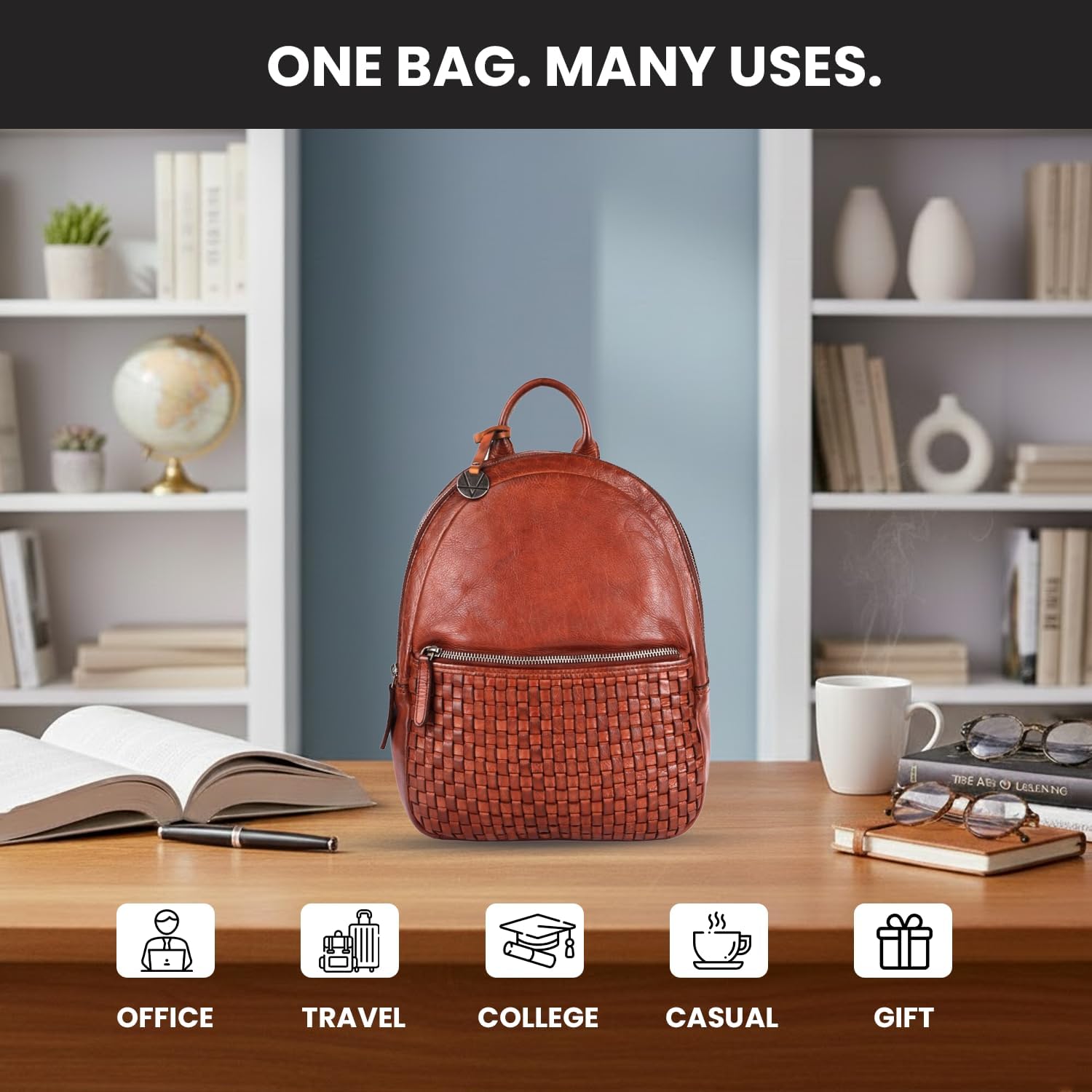 Genuine Leather Backpack for Men, Casual Backpack for Women Office Bag with Adjustable Shoulder Strap (VL-054-COGNAC) - Image 5