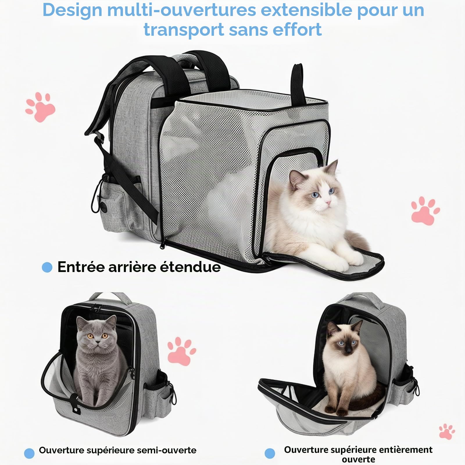 Sac à Dos Extensible pour cha,Sac a Dos Chat Respirant, avec Matelas en Peluche Amovible,pour Animaux de Compagnie jusqu'à 15 kg,Portable Sac Chat Transport pour Voyage, Achats,Gris