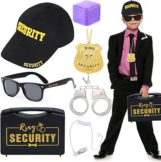 Kyson 7 Pcs Ring Bearer Gift Wedding Ring Security Set for Kids-Security Suitcase Hat Ring Box Shades Badge Earpiece Handcuff