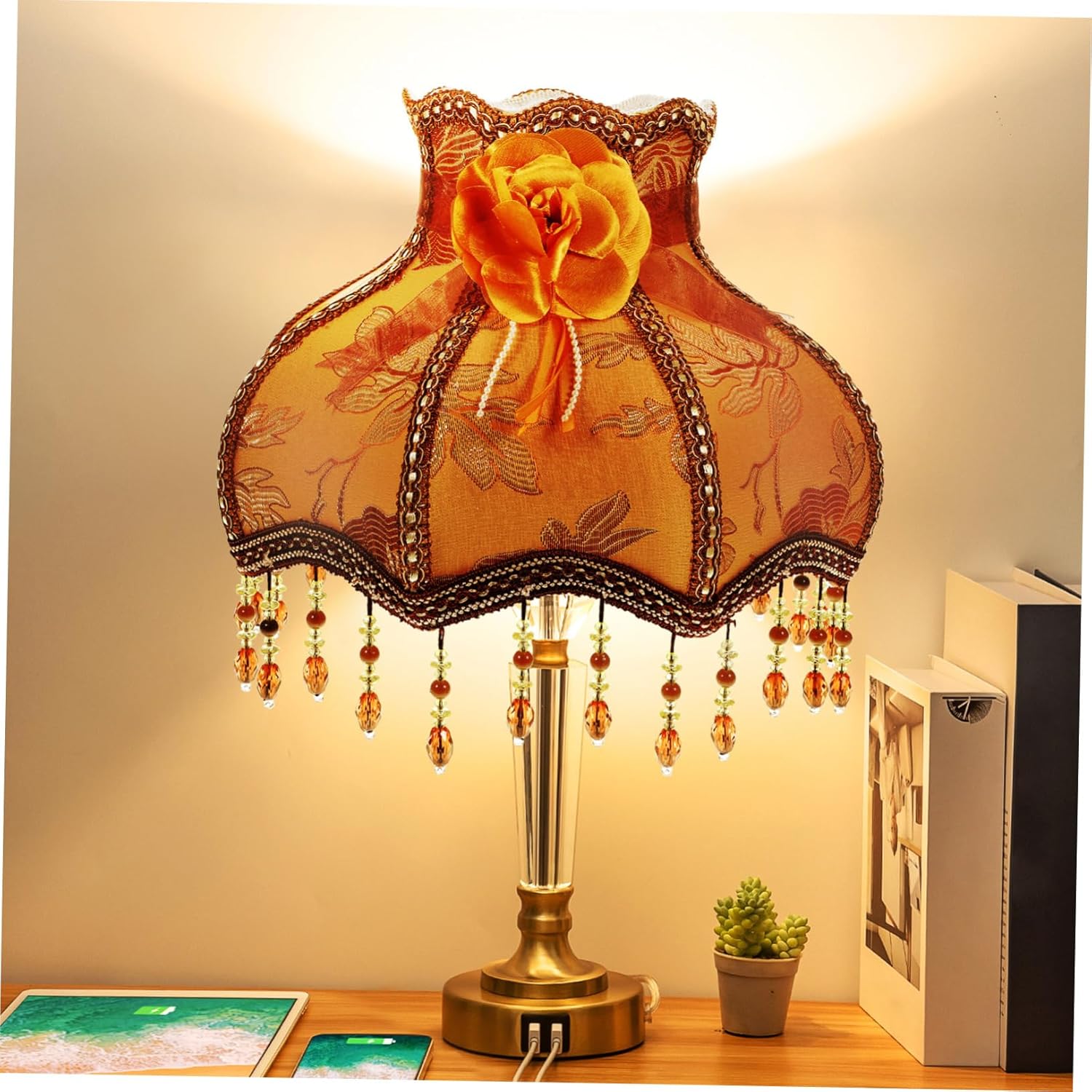 Vintage European Cloth Lamp Shade with Tassels and Bead Lace Retro Style Lamp for Table Lamps Elegant Home Decor for Living Room and Bedroom 12.6x12.2 inch