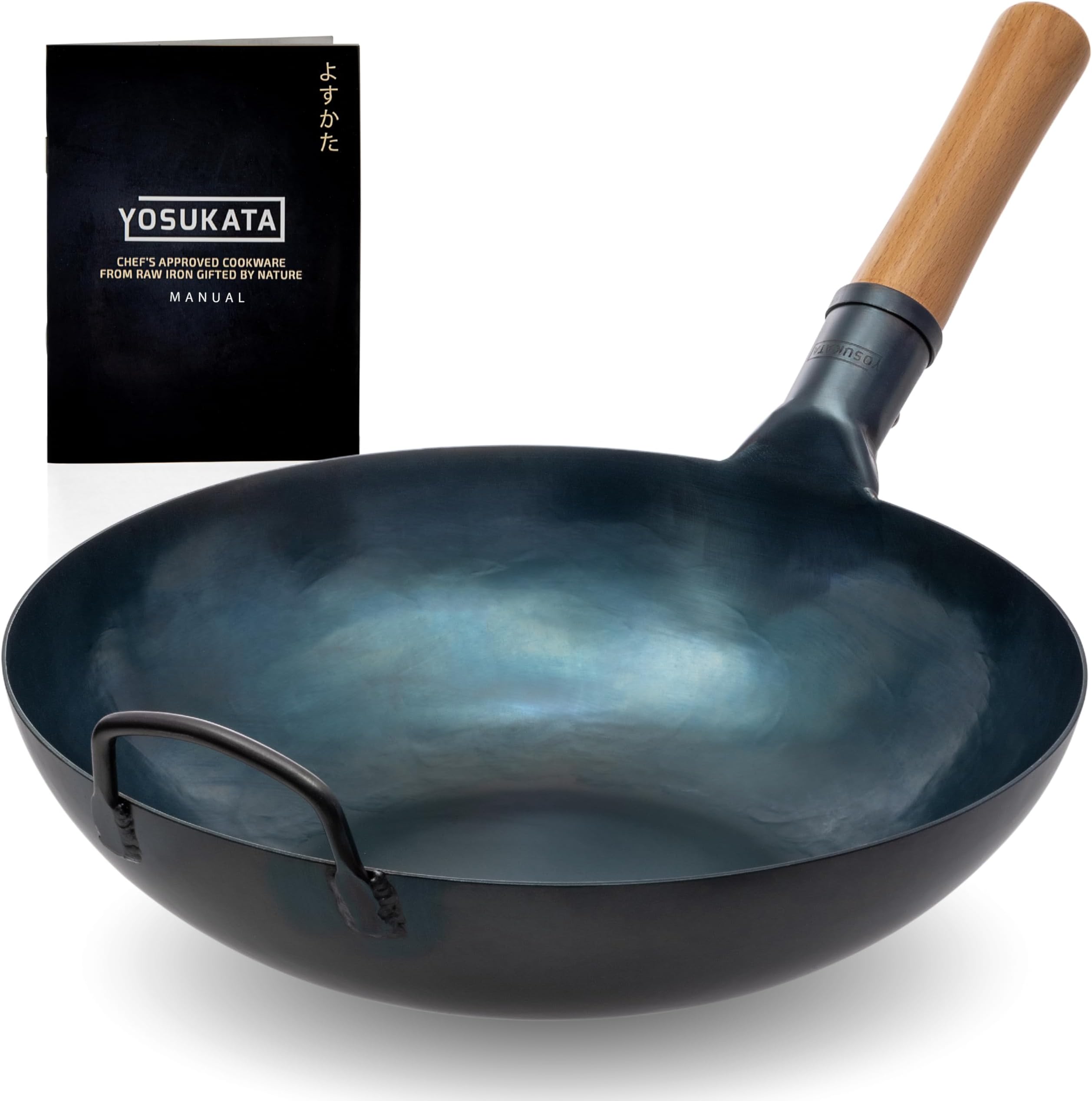 YOSUKATA Flat Bottom Wok - 13.5" Blue Carbon Steel Wok - Presseasoning Carbon Steel Skillet - Traditional Japanese Cookware ...