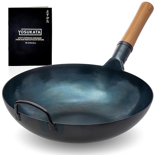 YOSUKATA Woks Et Poêles à Frire 34 cm - Wok À Fond Plat En Acier Carbone Bleu, Pré-assaisonné Compatible Induction, Plaques Électriques, Gaz Et Feu Ouvert - Poêles Chinois Traditionnel - 13.5" - Bleu